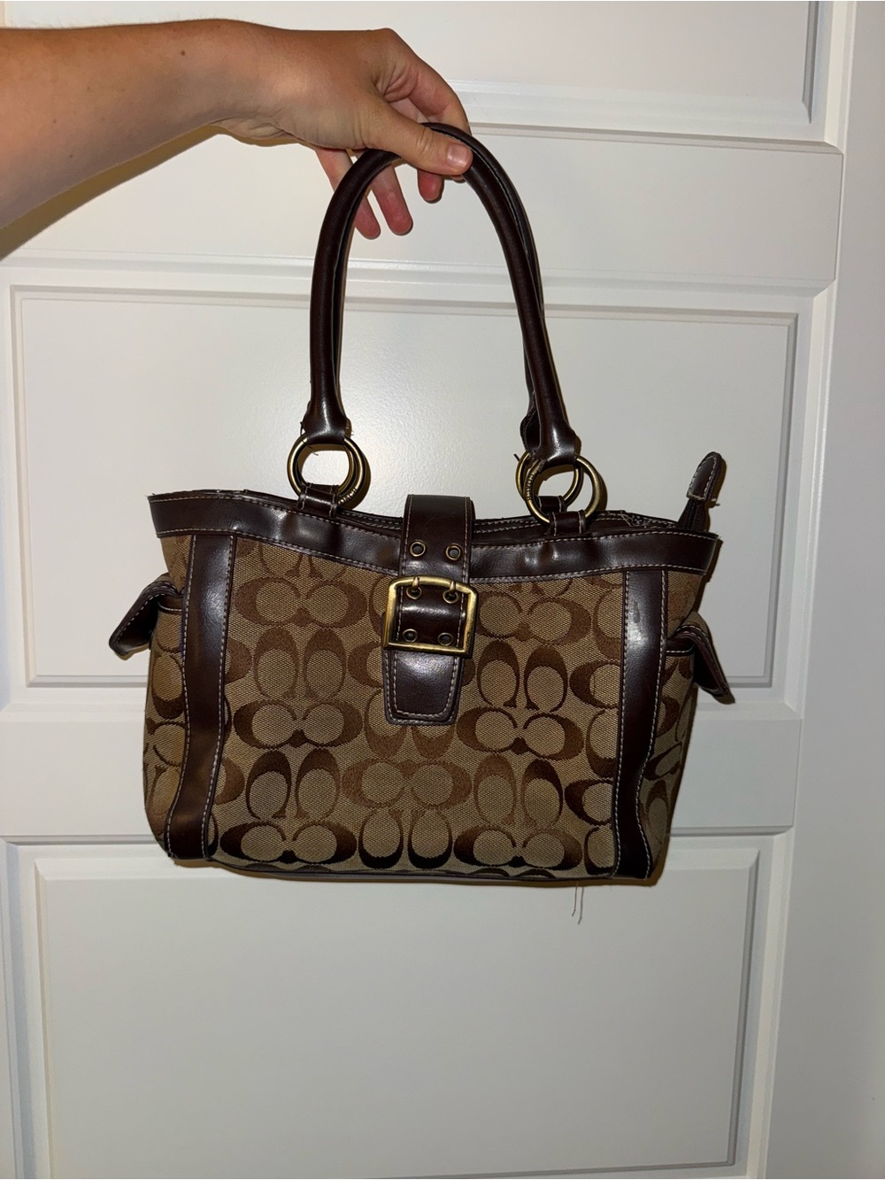 Coach Brown Signature Canvas Tote with Leather Trim